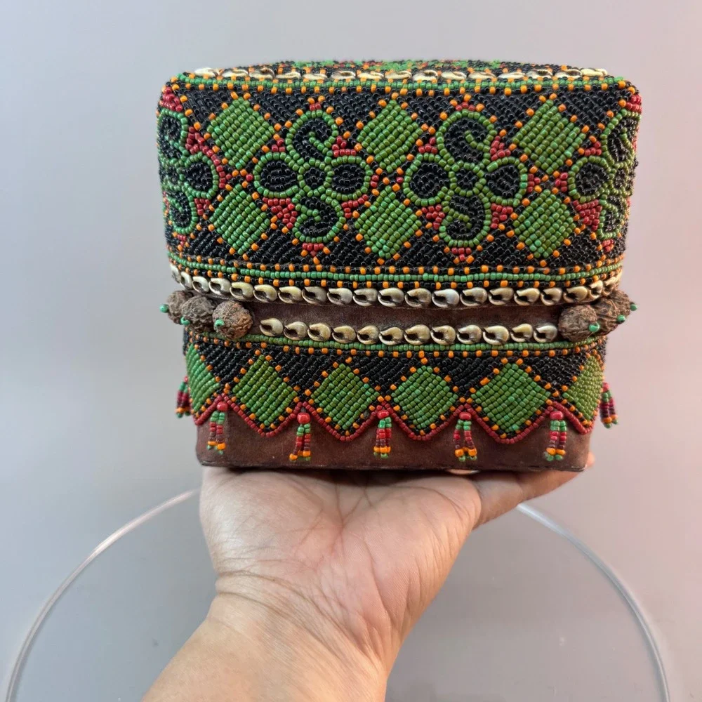 Handmade Balinese Beaded Offering Basket Box Cowrie Shell Tribal Boho Decor
